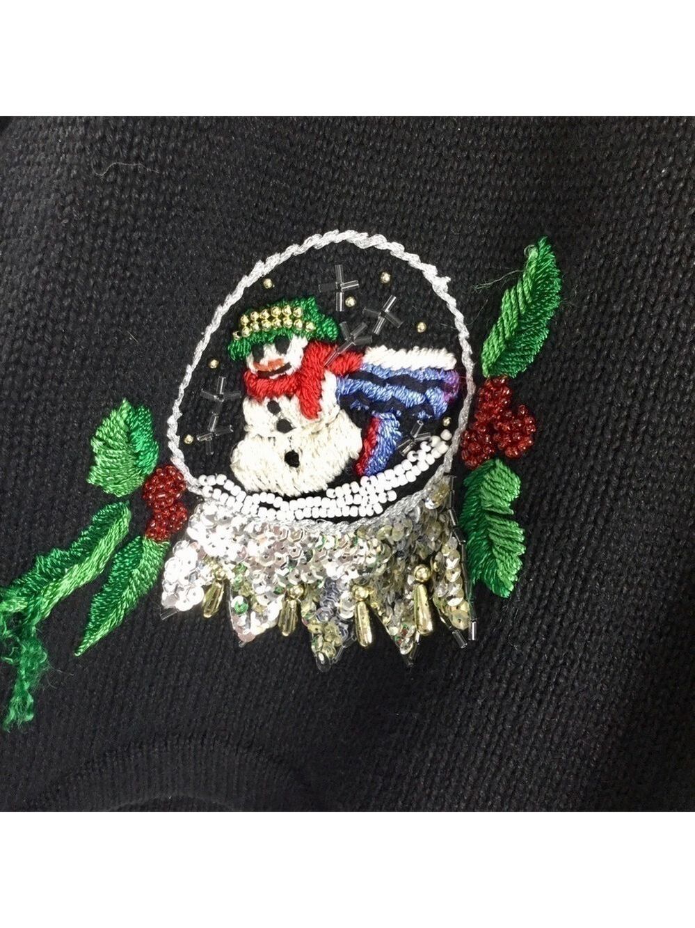 Vintage B.P. Design Beaded Snowy Christmas Snow Globe Zip Front Cardigan Size L - Picture 9 of 11